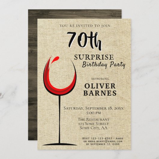 Invitation Rustic Red Wine Surprise 70e anniversaire (Devant / Derrière)