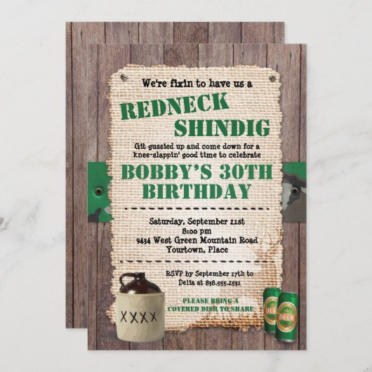 Invitation Rustic Redneck Hillbilly Party (Devant / Derrière)