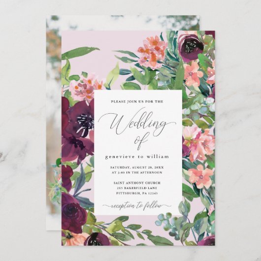 Invitation Rustic Romance Floral Photo Mariage (Devant / Derrière)