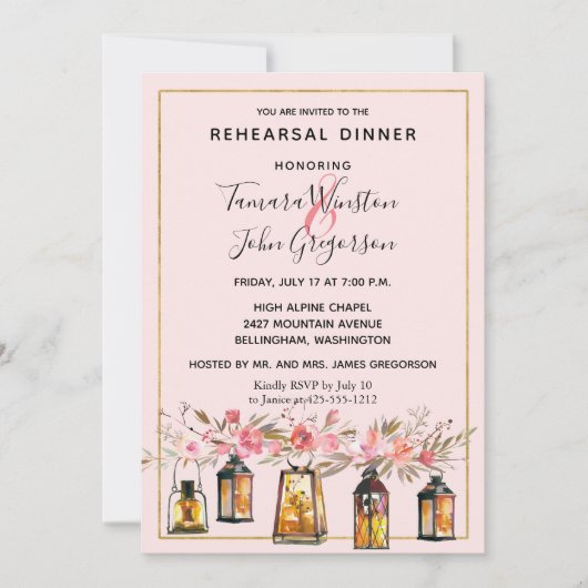 Invitation Rustic Romance Lanterns Rose Dîner de répétition d (Devant)