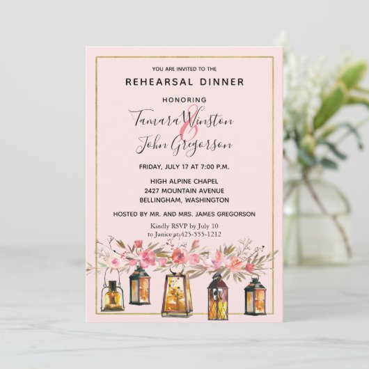 Invitation Rustic Romance Lanterns Rose Dîner de répétition d (Debout devant)