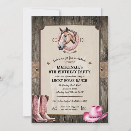 Invitation Rustic Rose équitation fête d'anniversaire (Devant)