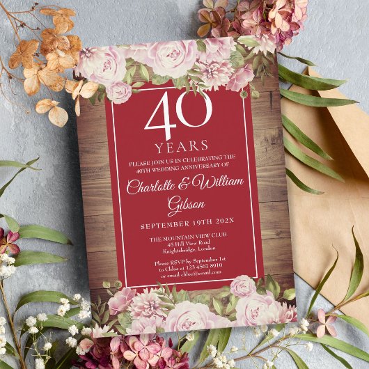 Invitation Rustic Roses 40e Anniversaire