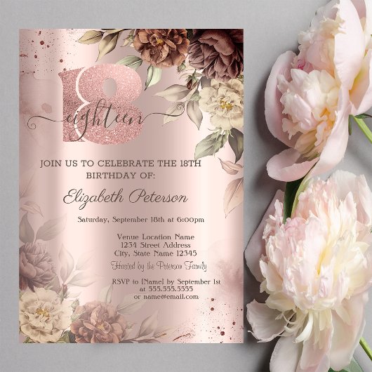 Invitation Rustic Roses Rose Gold 18e Anniversaire