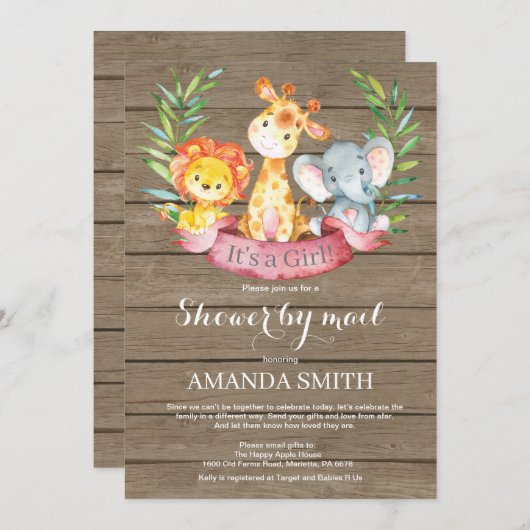 Invitation Rustic Safari Jungle Baby shower fille par la post (Devant / Derrière)