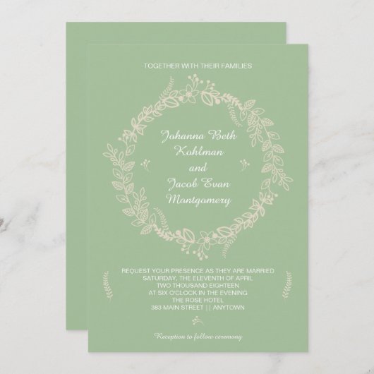 Invitation Rustic Sage Green a décrit le Mariage de couronnes (Devant / Derrière)