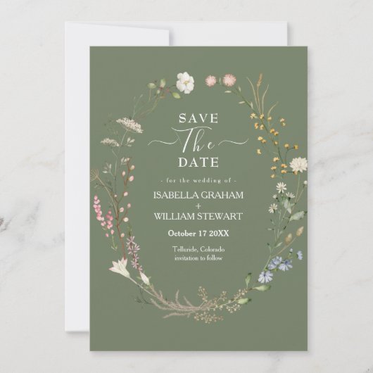 Invitation Rustic Sage Green Boho Fleur sauvage Enregistrer l (Devant)