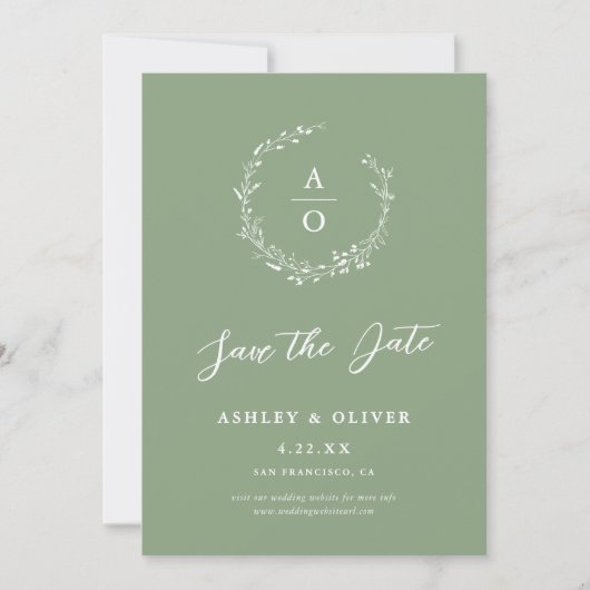 Invitation Rustic Sage Green Photo Fleur sauvage Enregistrer  (Devant)