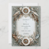 Invitation Rustic Sage Green White Sunflower Feather Wedding (Devant)