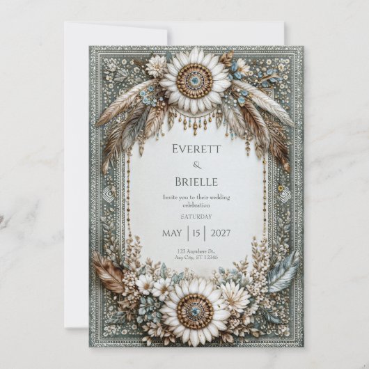 Invitation Rustic Sage Green White Sunflower Feather Wedding (Devant)