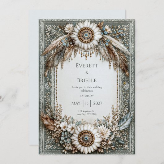 Invitation Rustic Sage Green White Sunflower Feather Wedding (Devant / Derrière)