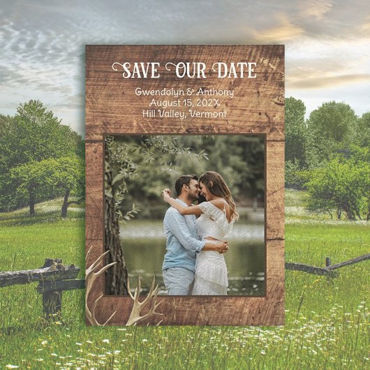 Invitation Rustic Save the Dates Wood Antlers Modèle photo
