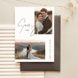 Invitation Rustic Script 2 Photo Mariage Enregistrer La Date<br><div class="desc">Annoncez votre journée spéciale avec notre Rustic Script 2 Photo Wedding Save The Date Invitation. Cet élégant design présente un jeu minimaliste de couleurs noir et blanc et un script manuscrit. Parfaits pour les mariages rustiques et campagnards, ces cartes de dattes sauvegardées offrent une solution économique, mais élégante pour tout...</div>