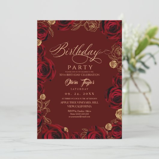 Invitation Rustic Script Burgundy Rose Birthday  (Debout devant)