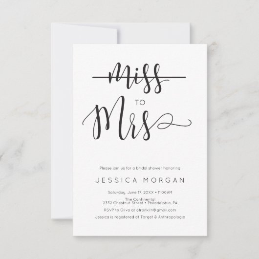 Invitation Rustic Script Miss à Mme Fête des mariées Invitati (Devant)