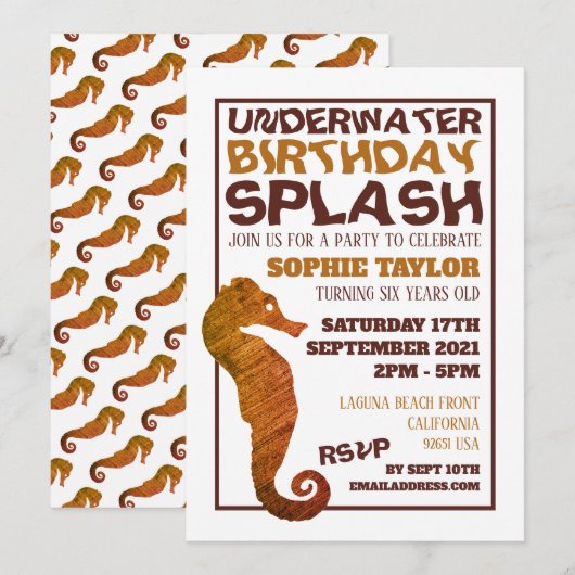 Invitation Rustic Seahorse, fête d'anniversaire aquatique (Devant / Derrière)