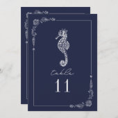 Invitation Rustic Seahorse Mariage bleu marine Numéro de tabl (Devant / Derrière)