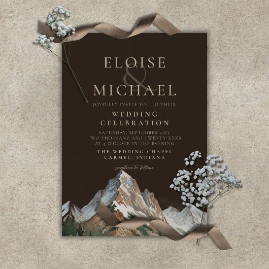 Invitation Rustic Snowy Mountain Landscape Watercolor Wedding
