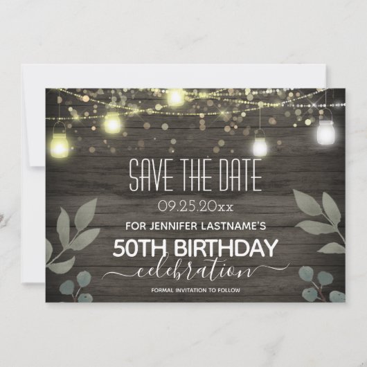 Invitation Rustic String Lights 50e anniversaire enregistrer (Devant)