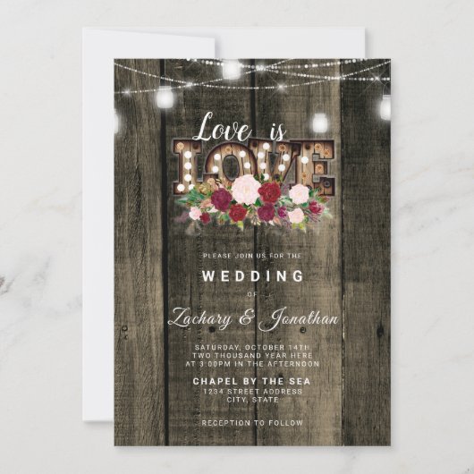 Invitation Rustic String Lights Amour est Amour Gay Mariage (Devant)