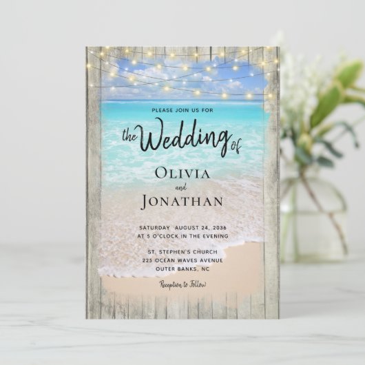 Invitation Rustic String Lights Beach Destination Mariage (Debout devant)