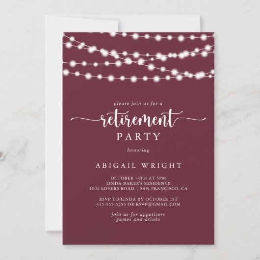 Invitation Rustic String Lights Burgundy Retirement Party (Devant)