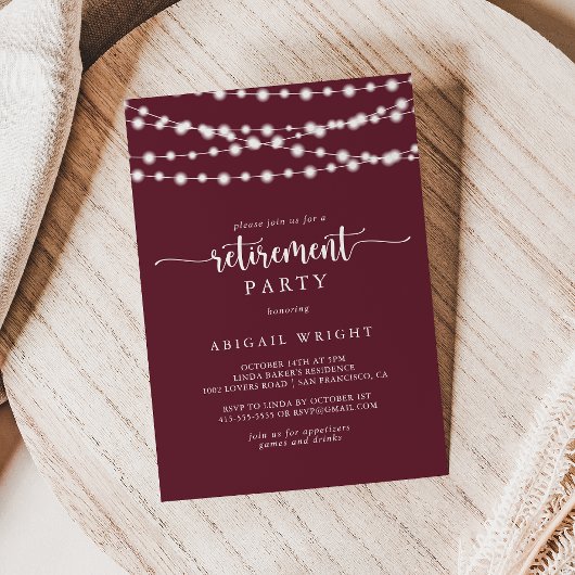 Invitation Rustic String Lights Burgundy Retirement Party