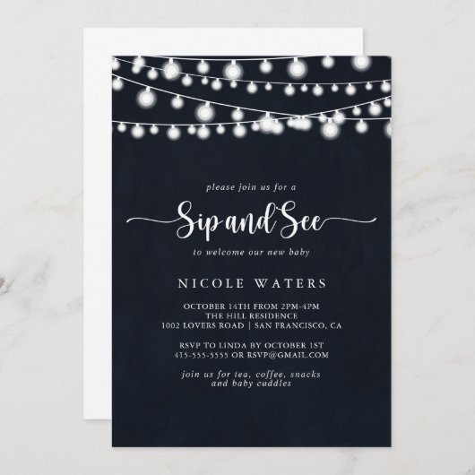 Invitation Rustic String Lights Calligraphy Signez et consult (Devant / Derrière)