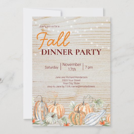 Invitation Rustic String Lights Dîner Citrouille d'automne (Devant)
