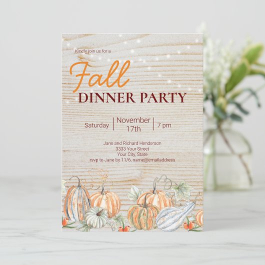 Invitation Rustic String Lights Dîner Citrouille d'automne (Debout devant)