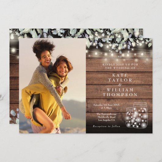 Invitation Rustic String Lights Jars Verdure Mariage photo (Devant / Derrière)