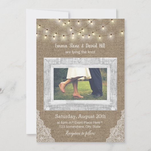 Invitation Rustic String Lights Laced Burlap Mariage Photo (Devant)