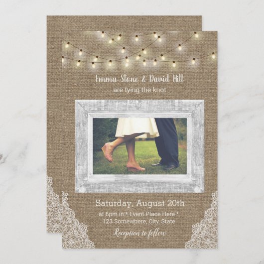 Invitation Rustic String Lights Laced Burlap Mariage Photo (Devant / Derrière)