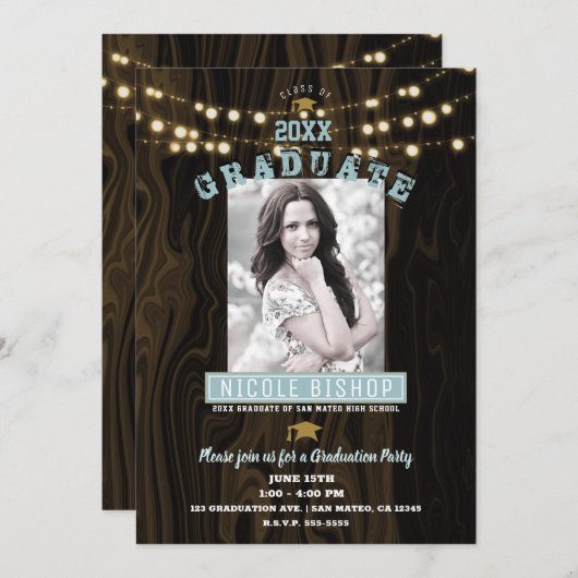 Invitation Rustic String Lights Photo Graduation Party (Devant / Derrière)
