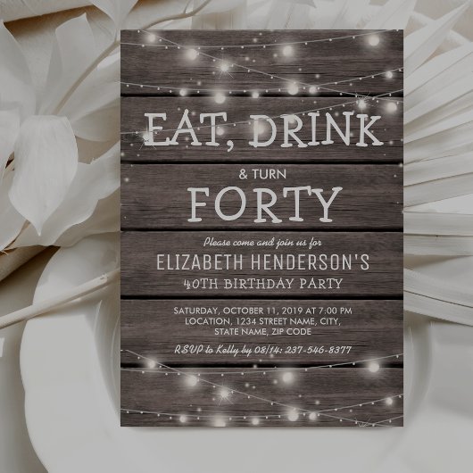 Invitation Rustic String Lights Quarante Anniversaire | 40e
