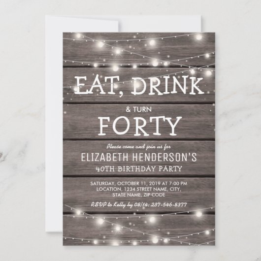 Invitation Rustic String Lights Quarante Anniversaire | 40e (Devant)