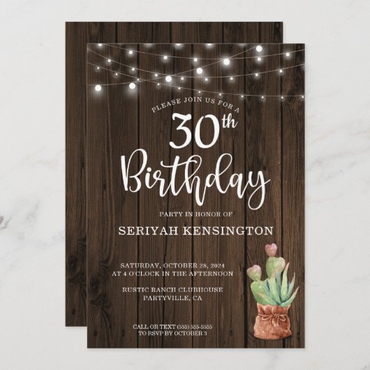 Invitation Rustic String Lights Succulent 30e anniversaire (Devant / Derrière)