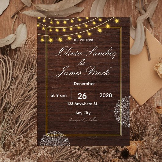 Invitation Rustic String Lights Wood Wedding Invitation, Boho