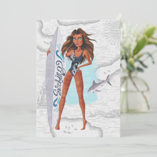 Invitation Rustic Summer Surfer Plage vacances Anniversaire F (Debout devant)