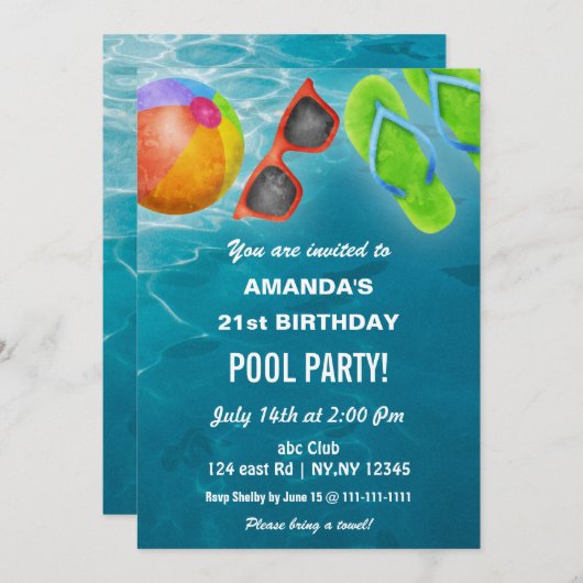 Invitation Rustic Summer Swimming Pool Party Birthday (Devant / Derrière)