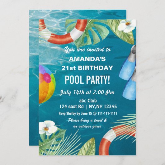 Invitation Rustic Summer Swimming Pool Party Birthday Invita (Devant / Derrière)