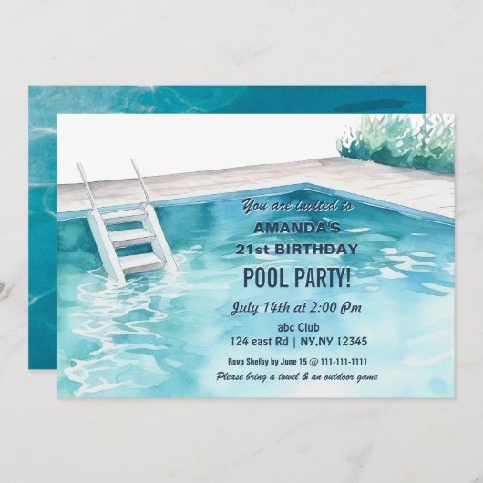 Invitation Rustic Summer Swimming Pool Party Birthday Invite (Devant / Derrière)