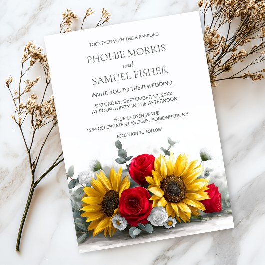 Invitation Rustic Sunflower and Red Rose Floral Wedding