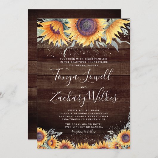 Invitation Rustic Sunflower Bloom Campagne Mariage Inviter (Devant / Derrière)