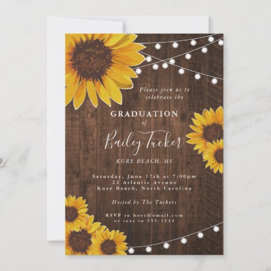 Invitation Rustic Sunflower Graduation Party String Lights (Devant)