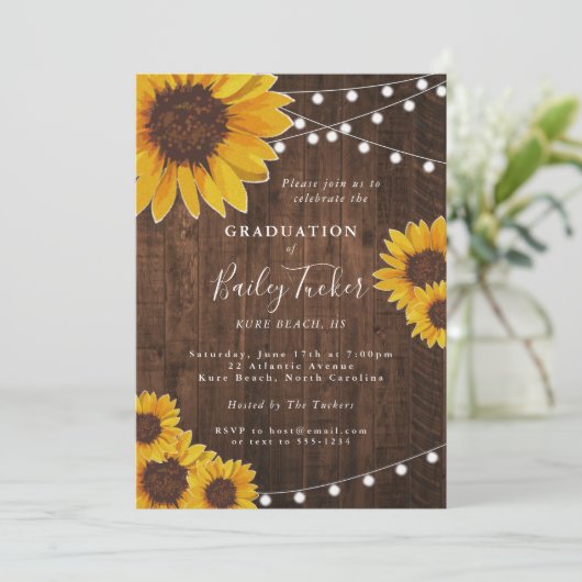 Invitation Rustic Sunflower Graduation Party String Lights (Debout devant)