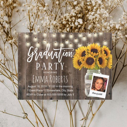 Invitation Rustic Sunflower Mason Jar Photo Graduation