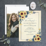 Invitation Rustic Sunflower Navy Blue Floral Photo Mariage<br><div class="desc">Créez la faire-part de mariage parfaite avec ce tournesol chaud et tendance et bleu marine aquarelle design floral avec typographie manuscrite en écriture. Le verso de l'invitation présente votre photo fiançailles préférée. Contacter le concepteur pour les produits correspondants. Copyright Invitations élégants,  tous droits réservés.</div>