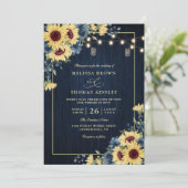 Invitation Rustic Sunflower Navy Blue Wood QR Code Wedding (Debout devant)