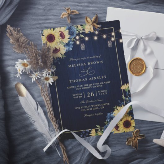 Invitation Rustic Sunflower Navy Blue Wood QR Code Wedding